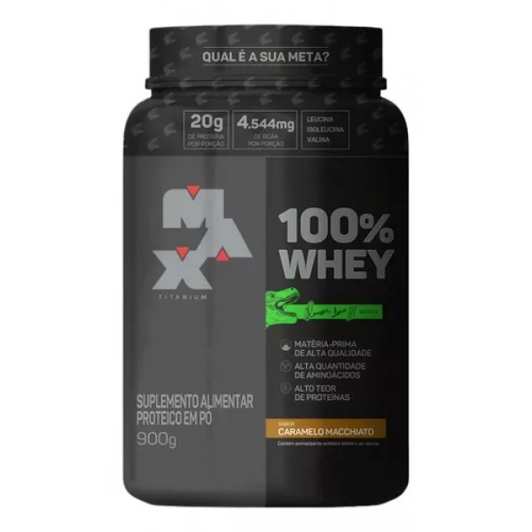 100% Whey pote 900g Dino caramelo macchiato Max Titanium