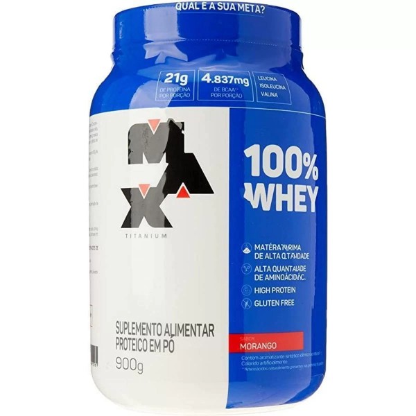 100% Whey pote 900g morango Max Titanium