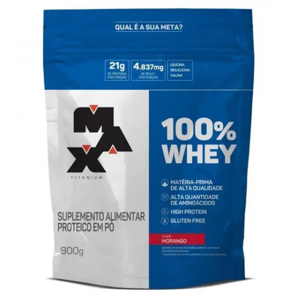 100% Whey refil 900g morango Max Titanium