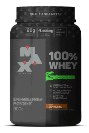 100% Whey pote 900g Dino cappuccino Max Titanium