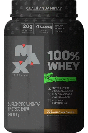 100% Whey pote 900g Dino caramelo macchiato Max Titanium