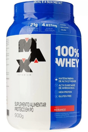 100% Whey pote 900g morango Max Titanium